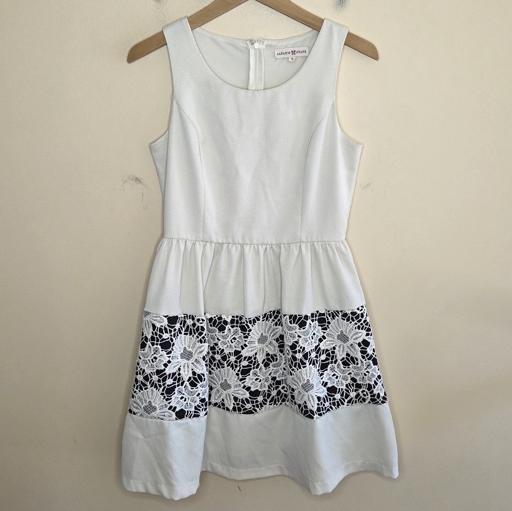 Altar'd State Cream A-line Dress with Floral Lace Detail on Skirt Size Small